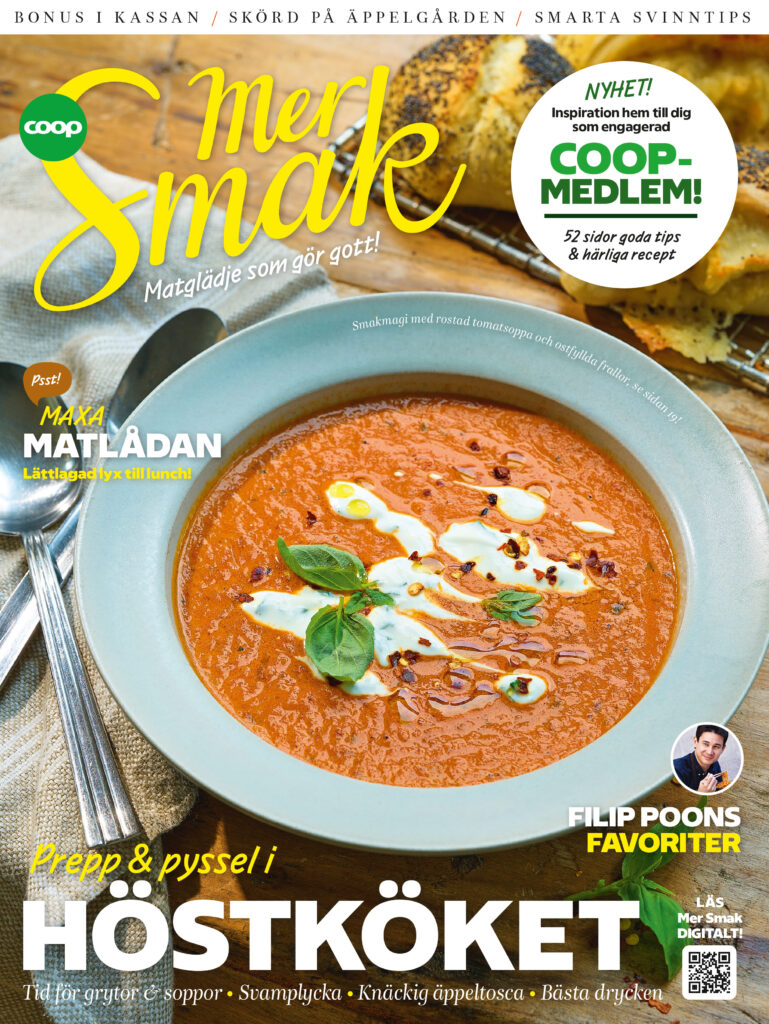 Omslaget av Mer Smak nr 3, 2026, med bild på en djup tallrik med rostad tomatsoppa.