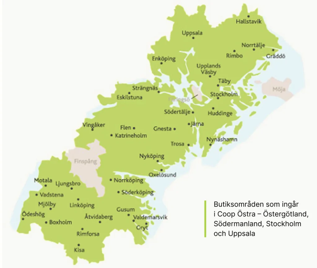 Karta över butiksområden som ingår i Coop Östra - Östergötland, Södermanland, Stockholm och Uppsala.