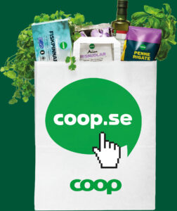 Matkasse fylld på varor med texten coop.se